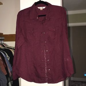 Burgundy button snap sheer cheetah print shirt